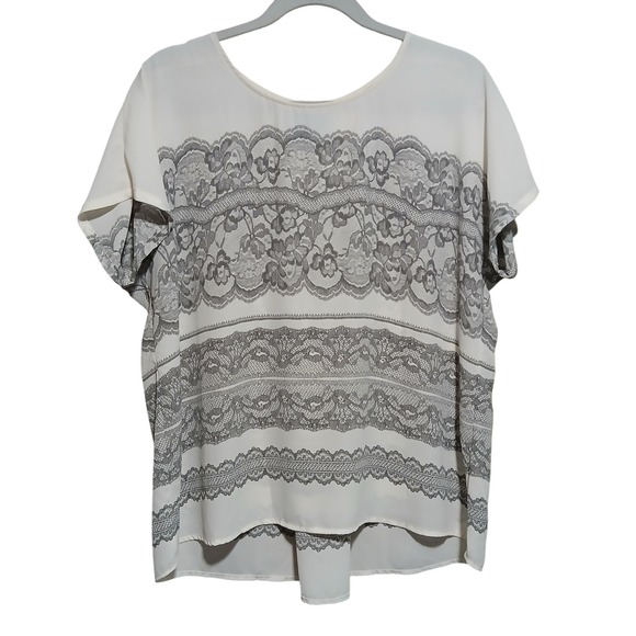 Skies Are Blue Tops - Skies‎ Are Blue Blouse Top Lace Trim Short Sleeve Elegant Cream Size L